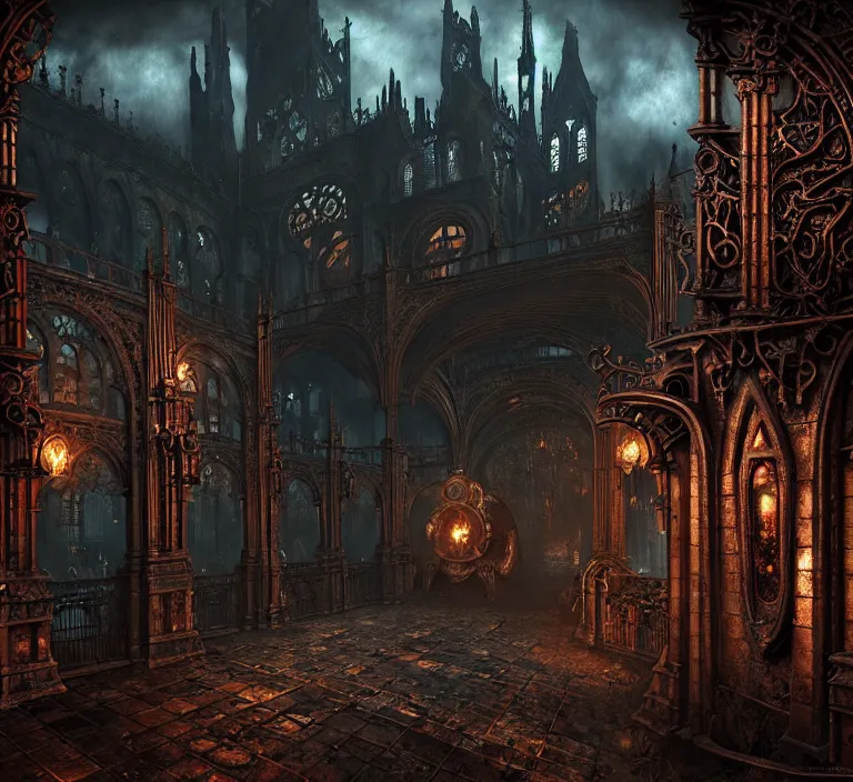 Image similar to steam necropolis, memento mori, gothic, neo - gothic, art nouveau, hyperdetailed copper patina medieval icon, stefan morrell, philippe druillet, ralph mcquarrie, concept art, steampunk, unreal engine, detailed intricate environment, octane render, moody atmospherics, volumetric lighting, ultrasharp, ominous, otherworldly