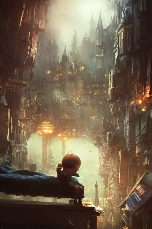 Image similar to Looking under a child's bed and seeing a tiny goblin city, dramatic lighting, cinematic, establishing shot, extremely high detail, foto realistic, cinematic lighting, post processed, concept art, high details, cinematic, 8k resolution, beautiful detailed, photorealistic, digital painting, artstation, concept art, smooth, sharp focus, artstation trending, octane render, unreal engine