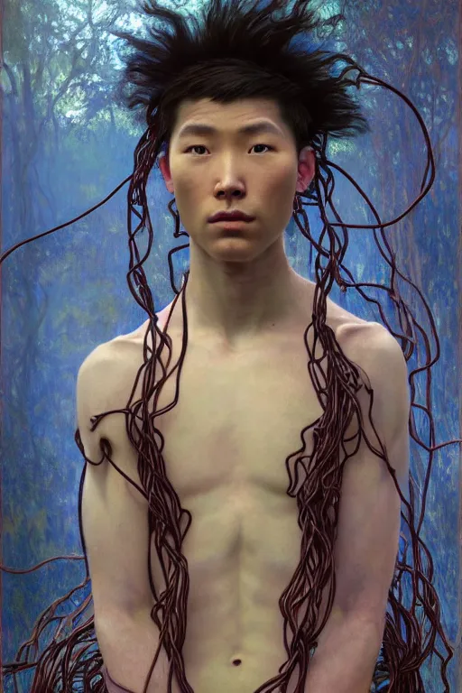 Image similar to hyperrealist portrait of elijah zu bailey, it is decorated with long wires that fall like vines and wears small computers over their body. by jeremy mann and alphonse mucha, fantasy art, photo realistic, dynamic lighting, artstation, poster, volumetric lighting, very detailed faces, 4 k, award winning, hands on hip