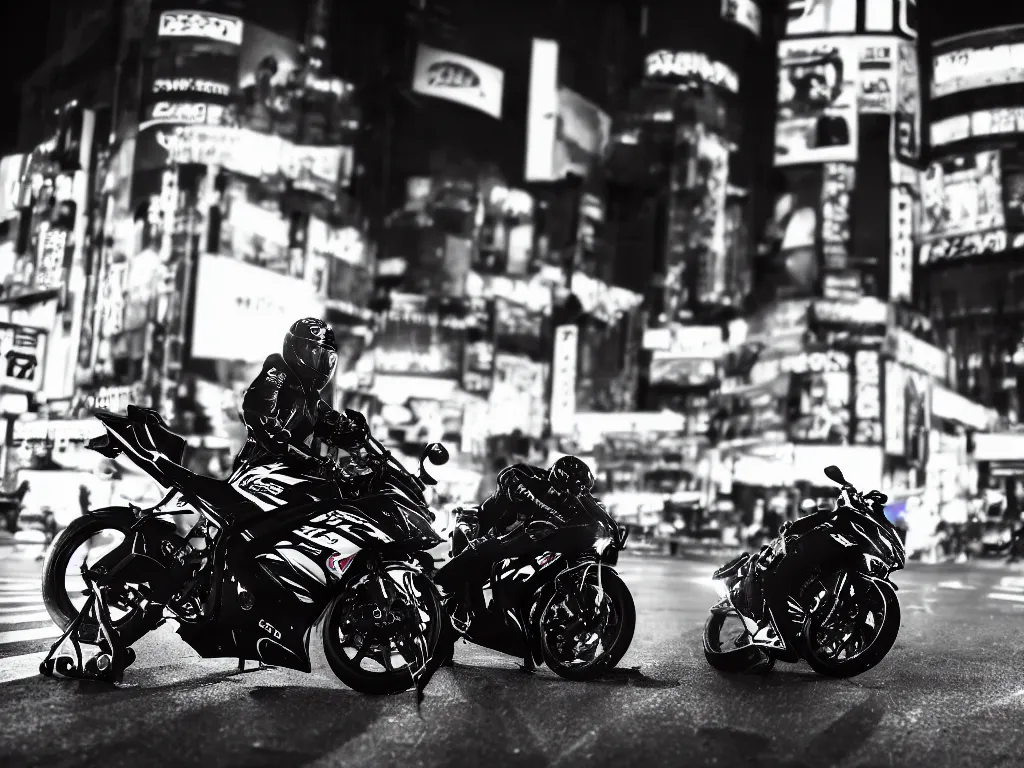 Prompt: a Photorealistic hyperdetailed hyper realistic dramatic moody Low angle night time close up photograph of biker speeding on a GSX R1000 in the middle of busy shibuya crossing Tokyo,multiple light trails by photographer Lindsay Adler,Beautiful dramatic very dark moody tones and lighting,cinematic atmosphere,photorealism,8K