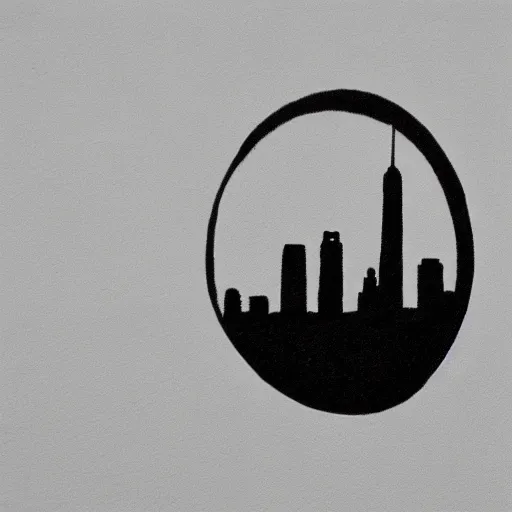 Image similar to a perfect circle where the inside is empty blank space and around the outer edge of the circle is the silhouette of a city skyline, black and white, minimalist, in the style of a charcoal drawing, made by david mellen