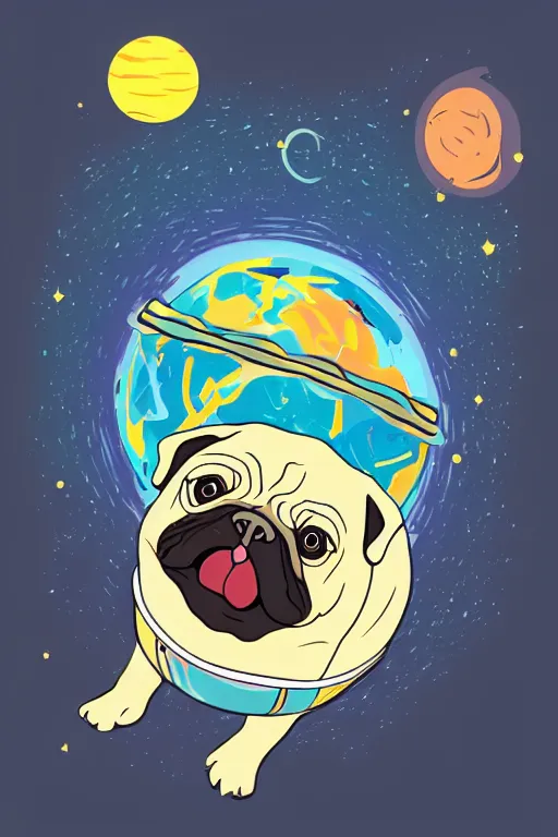 Image similar to planet pug floating in space, art by viktor miller gausa, sticker, colorful, illustration, highly detailed, simple, smooth and clean vector curves, no jagged lines, vector art, smooth