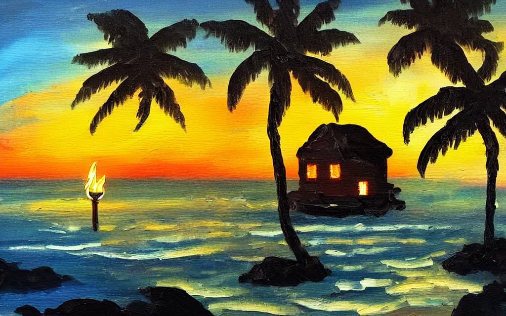 Prompt: water and a very small island! cute cozy cottage!! torches, chairs, palm trees, dark very late evening cloudy sunset, dramatic and dynamic lighting, thick brush strokes oil impasto painting