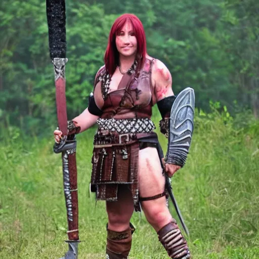 Prompt: full body photo of a female barbarian warrior