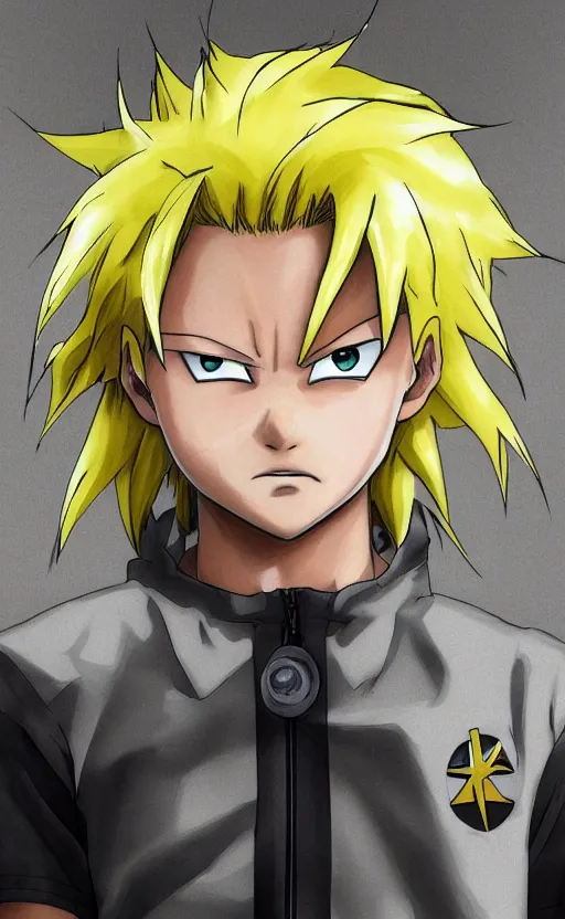 Prompt: a young boy with spikey yellow hair and lightning powers, portrait, white background, Illustrated by Kohei Horikoshi, high quality face, detailed eyes, big eyes, official media, 8k, anime, detailed, HD, trending on artstation, Illustrated by Akira Toriyama