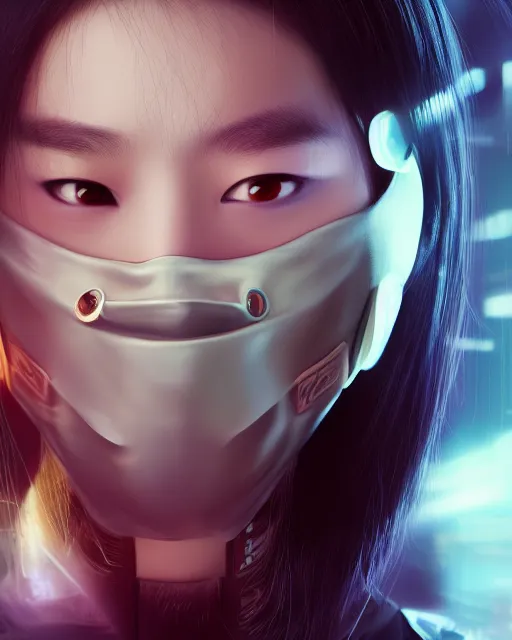 Image similar to Asian cyberpunk young woman wearing a face mask and wielding a sword, photorealistic, hyperdetailed