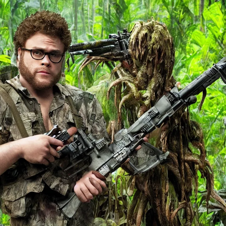 Image similar to seth rogan in the movie predator with rifle in the jungle, photo - realism, realism, predator, jungle camo