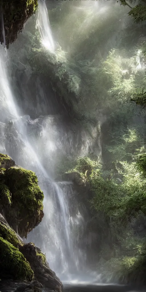 Image similar to photorealistic wide shot portrait of Groot, under waterfall, octane render, unreal engine 4k, volumetric light, fog, detailed