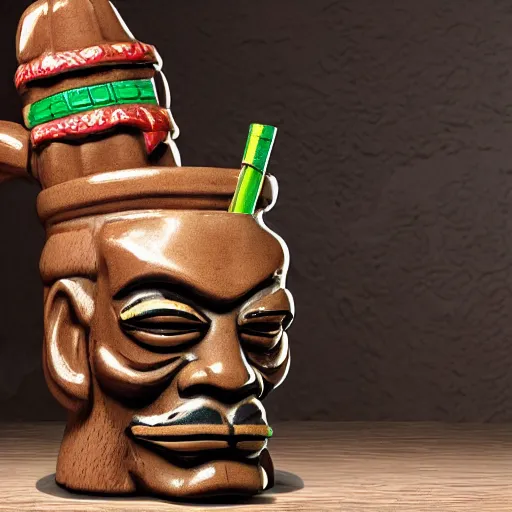 Image similar to a photorealistic photograph of a Trader Vic's tiki mug featuring Snoop Dogg at a tiki bar - Trending on Artstation, featured on Behance, well-rendered, Unreal Engine, 4K HD