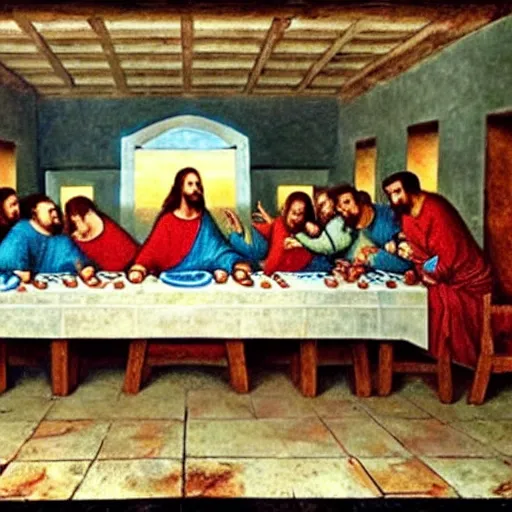 Prompt: the last supper with hamburgers and coca cola on the table