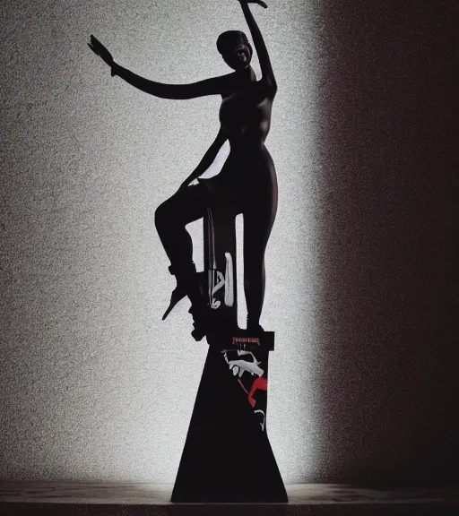 Image similar to dark black marble statue of a beautiful woman with colorful motocross logos in the style of virgil abloh, dark soft lighting, cinematic, very very beautiful, detailed, off white, heron preston, 8 k, 4 k, detailed, beautiful, symmetrical, vogue, editorial, fashion, magazine, museum lighting, night time, dark