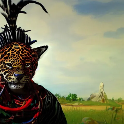 Image similar to the painting of a shaman turning into a jaguar 4 k render