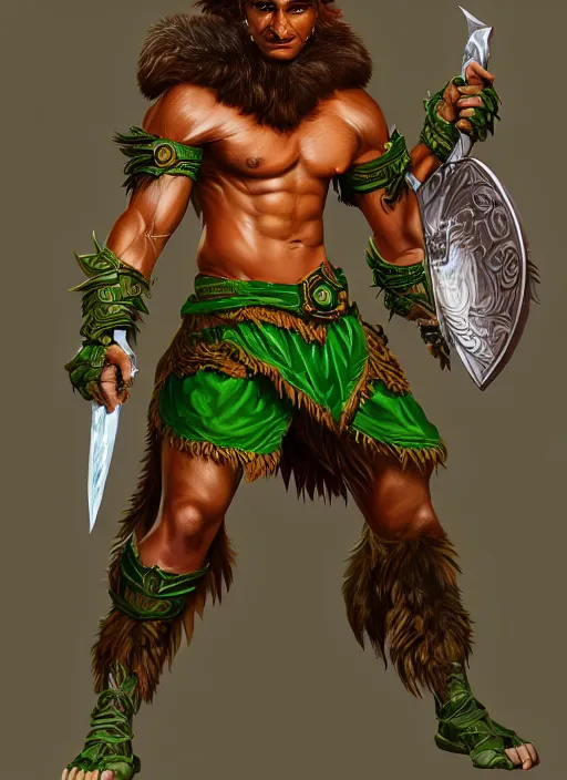 Prompt: a highly detailed illustration of fierce attractive young tanned tribal boy wearing green wolf mane, heroic wielding club pose, muscular, intricate, elegant, highly detailed, centered, digital painting, artstation, concept art, smooth, sharp focus, league of legends concept art, wlop