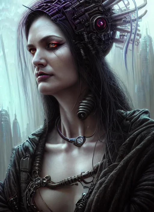 Prompt: closeup portrait shot of a cyberpunk witch in a scenic dystopian environment, intricate, elegant, highly detailed, centered, digital painting, artstation, concept art, smooth, sharp focus, illustration, artgerm, tomasz alen kopera, peter mohrbacher, donato giancola, joseph christian leyendecker, wlop, boris vallejo