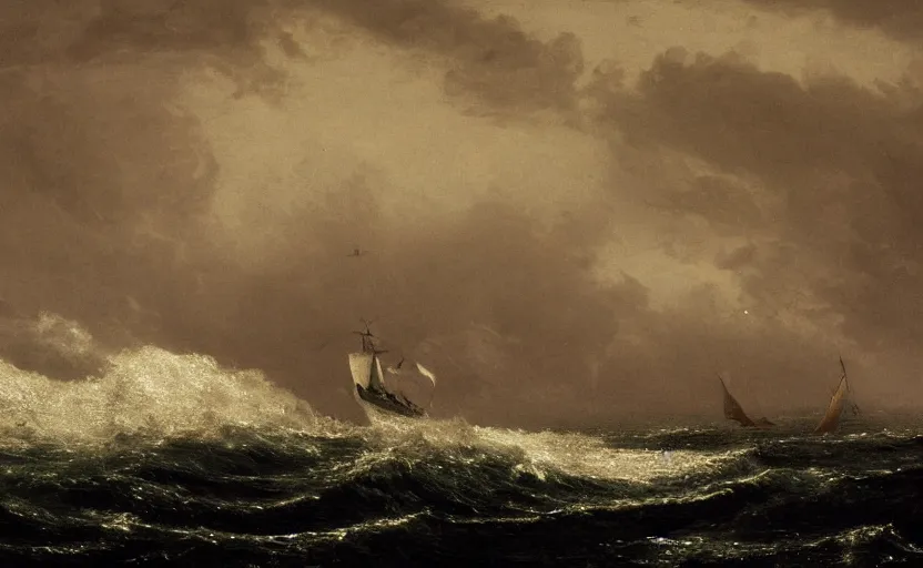 Prompt: middle of the ocean, large waves, large 1800s boat sinking, no land, dark skies, close up shot, at dusk, 4k, rule of thirds, extreme detail, hazy, intricate ink illustration, surreal, surrealist, trending on artstation, cgsociety, hd, complimentary colours, realistic lighting, by Albert Bierstadt, Frederic Edwin Church.