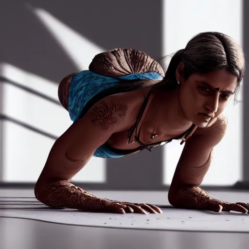 Prompt: indian woman doing push ups, ultra realistic, concept art, intricate details, highly detailed, photorealistic, octane render, 8 k, unreal engine