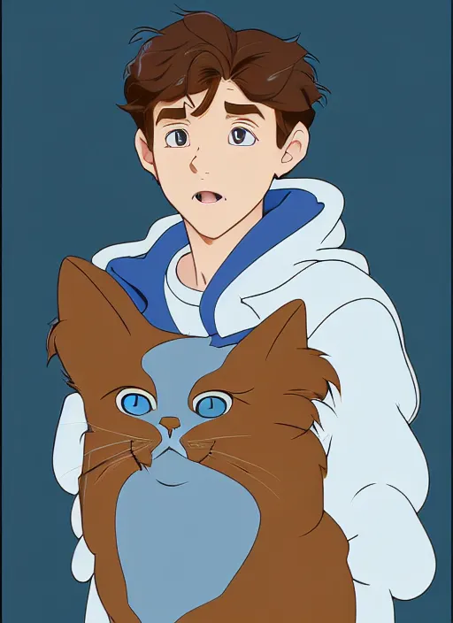 Image similar to teen boy with brown hair and big blue eyes, wearing a hoodie, fluffy white cat, natural lighting, path traced, highly detailed, high quality, cartoon, digital painting, by don bluth and ross tran and studio ghibli and alphonse mucha