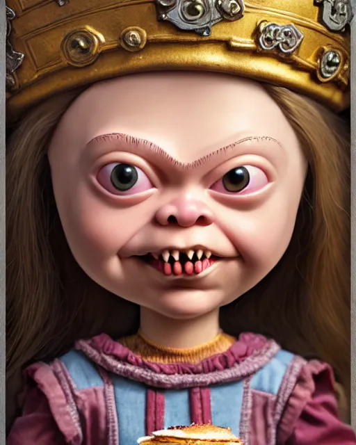 Prompt: highly detailed closeup, face profile portrait of a tin toy greta thunberg as a medieval goblin eating cakes in a castle, hyper realistic, artstation, illustration, nicoletta ceccoli, mark ryden, lostfish, dan decarlo, bob clampett, max fleischer, digital paint, matte paint, vivid colors, detailed and intricate environment