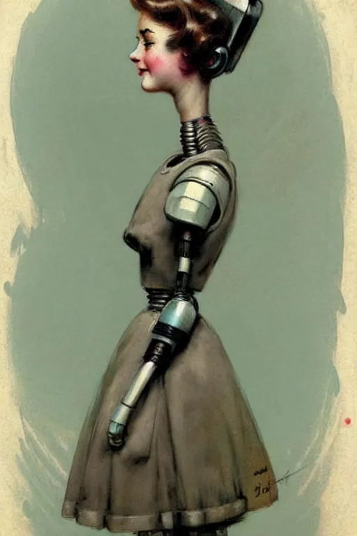 Image similar to (((((1950s maid android robot art . muted colors.))))) by Jean-Baptiste Monge !!!!!!!!!!!!!!!!!!!!!!!!!!!