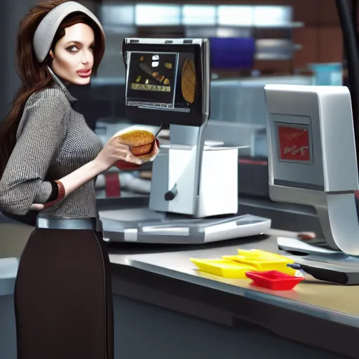 Image similar to Angelina Jolie working as a McDonalds cashier, macro, wide shot, dramatic, octane render, hyperrealistic, HD