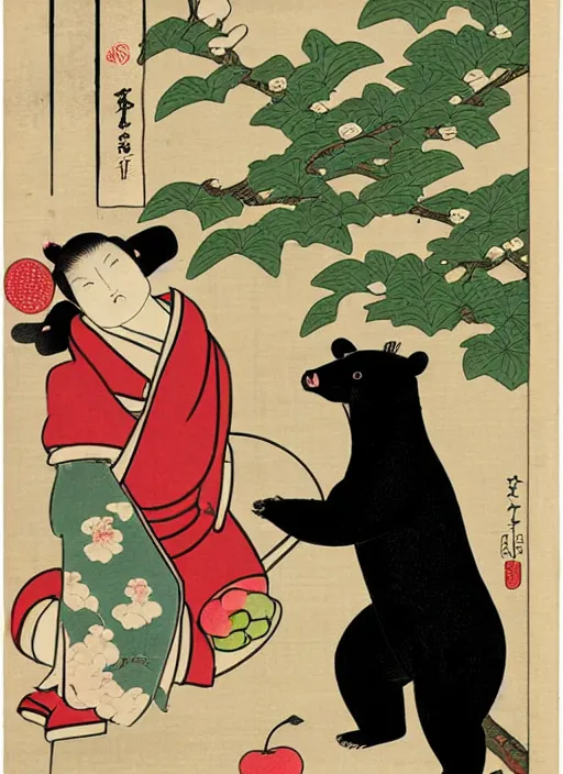Prompt: ukiyo - e of an anthropomorphic asian black bear lifting up a small girl wearing a kimono to pick an apple from a branch above their heads