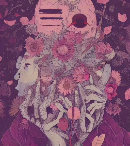 Image similar to portrait, nightmare anomalies, leaves with a flower by miyazaki, violet and pink and white palette, illustration, kenneth blom, mental alchemy, james jean, pablo amaringo, naudline pierre, contemporary art, hyper detailed