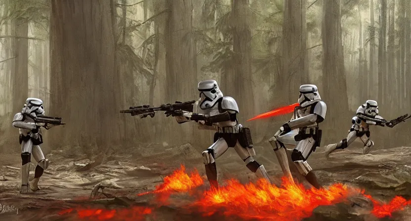 Prompt: imperial stormtroopers shooting red blaster bolts in barren lifeless forest with burned trees concept art by Doug Chiang cinematic, realistic painting, high definition,very detailed, extremely high detail, photo realistic, concept art, unreal engine 5, the Mandalorian concept art style