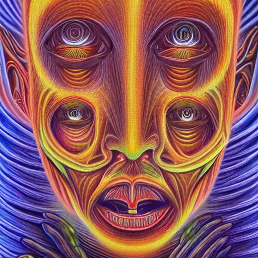 Image similar to enlightened biomechanical a. i, oil painting by alex grey