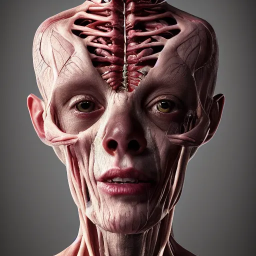 Image similar to female Human with translucent skin, visible muscles and veins and arteries and bones and spine and nerves, beautiful detailed intricate insanely detailed octane render, dark intricate filaments, 8K artistic photography, photorealistic, chiaroscuro, by David Cronenberg, Raphael, Caravaggio