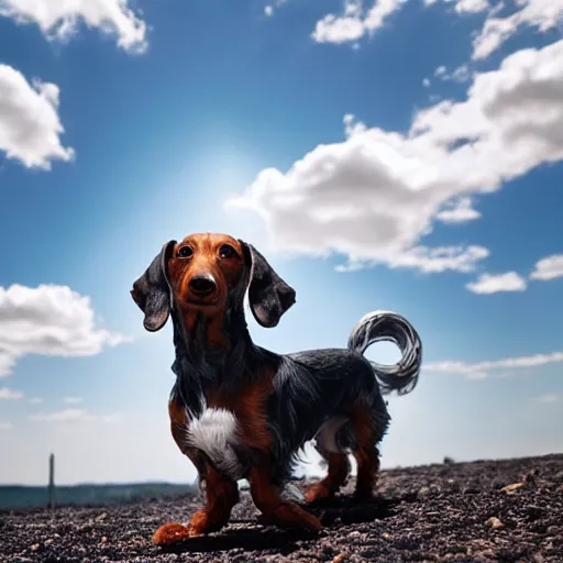 Prompt: a grey, elderly wire-haired dachshund floating in heaven, blue sky, surrounded by beautiful white clouds