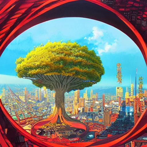 Image similar to a painting of a huge city with a circular bridge around a big red mansion and a huge world tree at the top of a mountain by hayao miyazaki