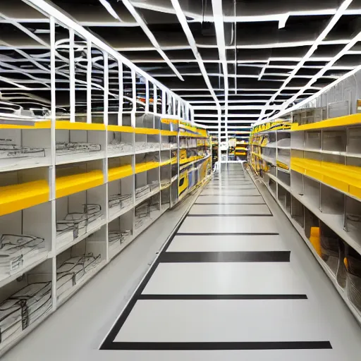 Image similar to ikea store design product aisles, labyrinth architecture, optical illusion designed by architect mc escher, leading lines, color blocking