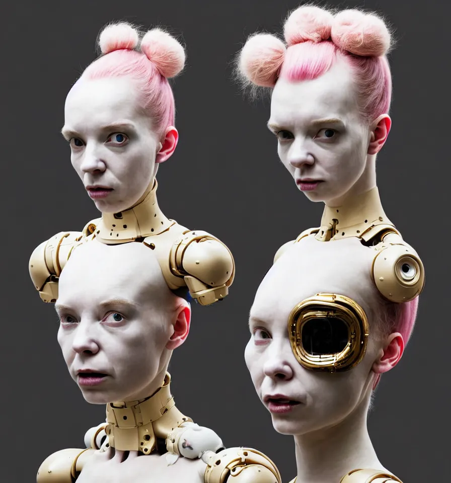 Prompt: portrait of a futuristic cyborg monster wearing a gold pipes fitted bdsm mask and pink hair buns, wearing a black bodysuit by alexander mcqueen, cream white background, perfectly symmetric, soft diffused light, biotechnology, humanoid robot, hanging electrical cables and pipes, bjork aesthetic, translucent, by rineke dijkstra, intricate details, highly detailed, masterpiece,