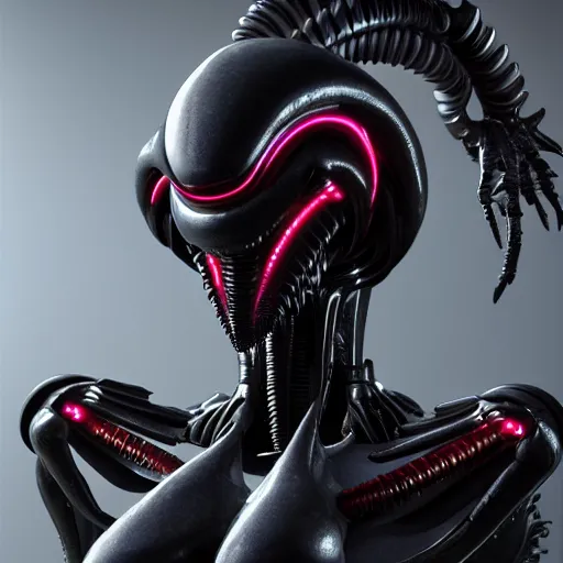 Image similar to futuristic cyberpunk alien xenomorh queen robot concept, highly detailed, photorealistic shot, bright studio setting, studio lighting, crisp quality and light reflections, unreal engine 5 quality render