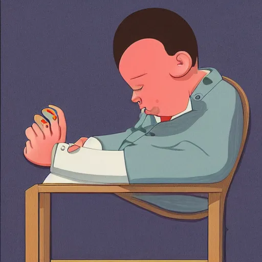 Prompt: a masterpiece illustration of a man cutting his own hand, by joan cornella, unsettling, surreal humor and black humor,