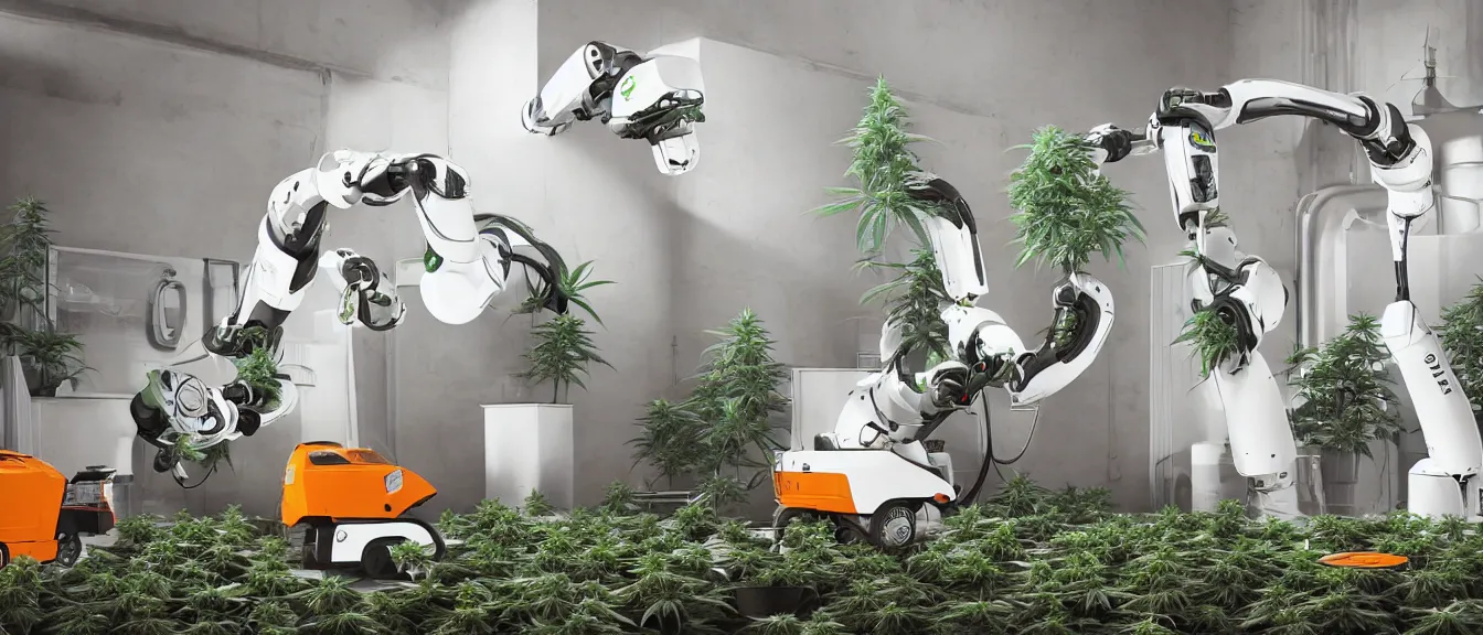 Image similar to three large white glossy kuka industrial robot harvesting a cannabis micro growery inside a fancy living room with retro modern furniture and decor, global illumination, artstation, fantasy, volumetric light