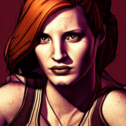 Prompt: jessica chastain portrait, borderlands, tales from the borderlands, the wolf among us, comic, cinematic lighting, studio quality, 8 k