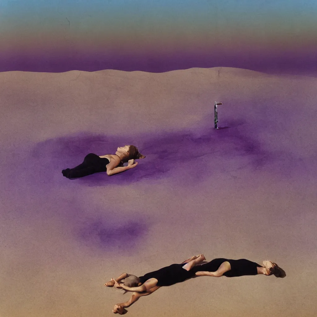 Image similar to cinestill medium view of iridiscent oil spill in desert dunes of sand tempest with women corpses connected by cables and computers to wax forms to a buried baby relaxing on yoga mat, faded, purple gradient, dust, purple fog, depth of field, by werner herzog, hans bellmer and nadav kander, 8 k, sad atmosphere, cinematic