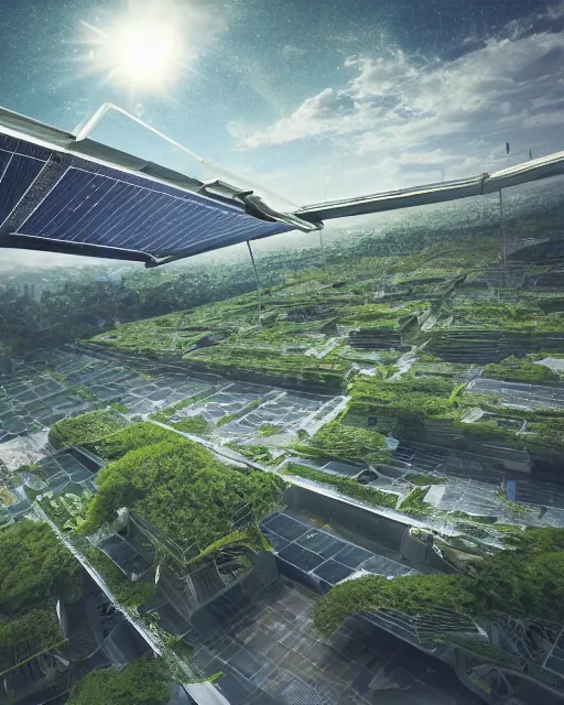Prompt: solarpunk vehicle above a city, scifi, futuristic, bright light, highly detailed, concept art, green plants, research complex, school, white building, drones, solar panels, flowers, utopia, sharp focus, trending on artstation, intricate, atmosphere, raining, art by roman makarenko, dzung phung dinh