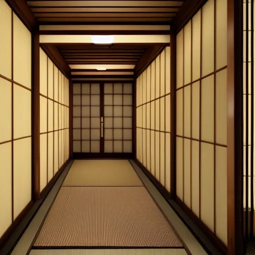 Image similar to still photo of a japanese hallway, highly detailed, photorealistic portrait, bright studio setting, studio lighting, crisp quality and light reflections, unreal engine 5 quality render