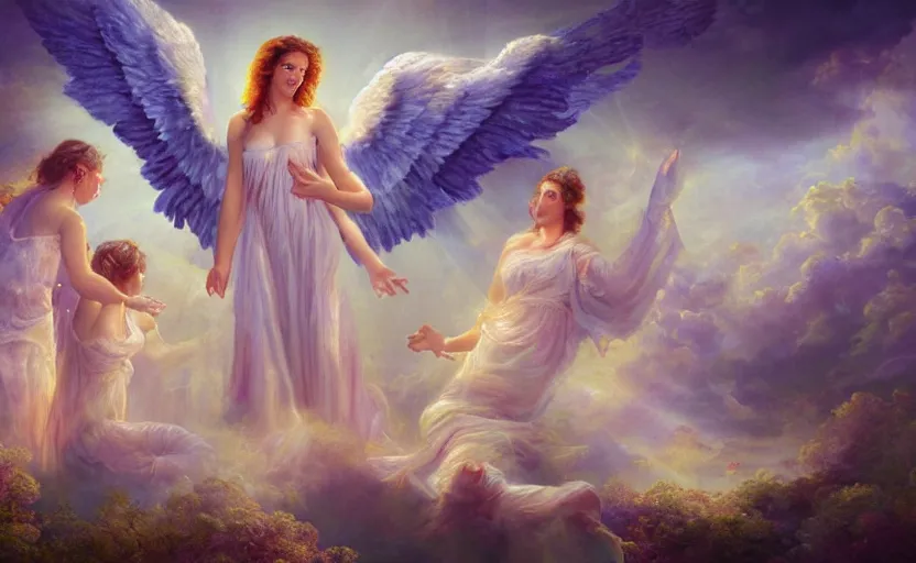 Prompt: a painting of an angel surrounded by angels, a detailed matte painting by david lachapelle, cgsociety contest winner, magical realism, angelic photograph, god rays, mystical