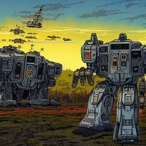 Image similar to hyper detailed comic illustration of a giant mechwarrior robot and the sunset in the distance, by Josan Gonzalez and Geof Darrow, highly detailed, 8k wallpaper