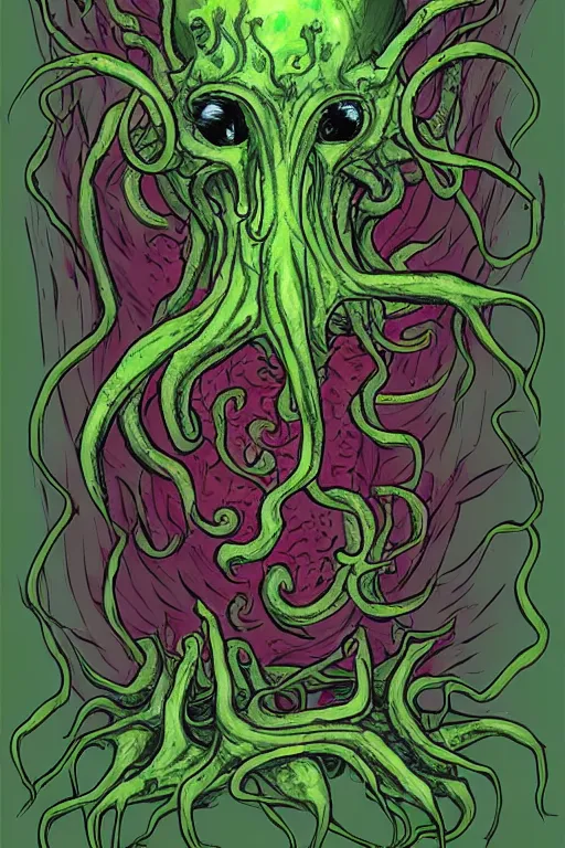 Image similar to flesh eating plant eldritch horror cthulhu, concept art, digital art, tarot card