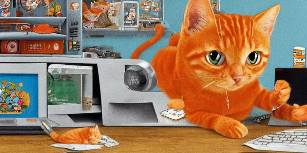 Image similar to an orange tabby kitten playing pc games by richard scarry