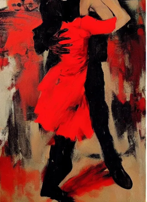 Image similar to tango dancer in red dress, painting by phil hale, fransico goya,'action lines '!!!, graphic style, visible brushstrokes, motion blur, blurry, visible paint texture, crisp hd image