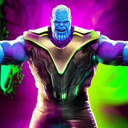 Image similar to thanos is a dj at a cyberpunk rave, he's wearing headphones and telling you to hold on a sec, holding 1 finger out to signify : wait a minute