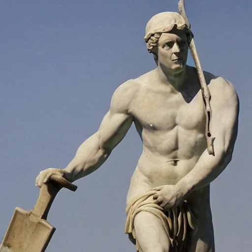 Prompt: a marble statue of a man preparing for battle holding a large shovel, in the style of 'Angel with a Cross' by Ercole Ferrata