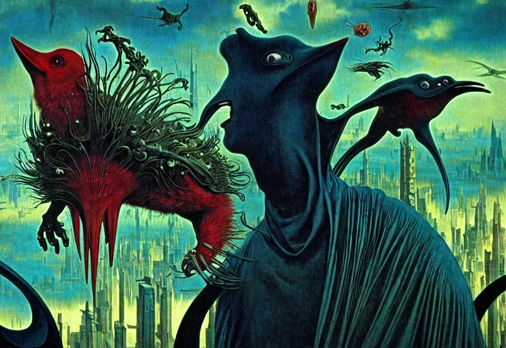 Prompt: realistic detailed portrait movie shot of a screaming birdman wearing black robes, sci fi city landscape background by denis villeneuve, amano, yves tanguy, alphonse mucha, ernst haeckel, max ernst, roger dean, masterpiece, rich moody colours, dog teeth, blue eyes