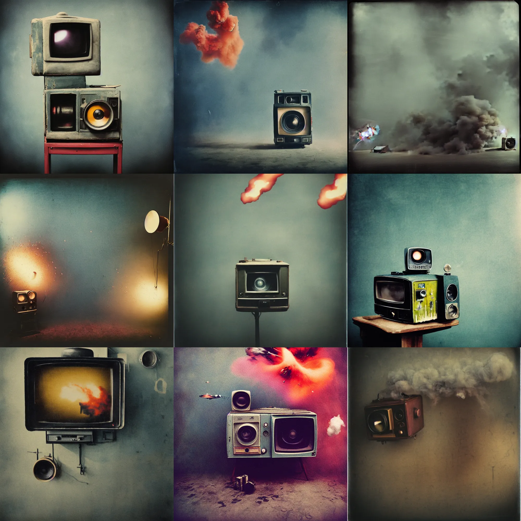 Image similar to kodak portra 4 0 0, wetplate, vintage television, muted colours, blueberry, 1 9 2 0 s style, motion blur, portrait photo of a backdrop, explosions, rockets, bombs, concrete, wood, fog, by georges melies and by britt marling