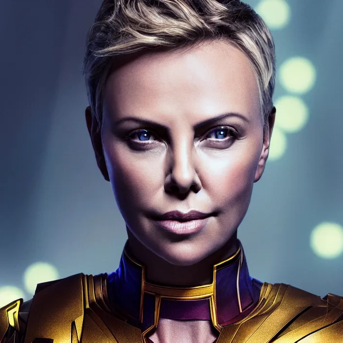 Image similar to portrait of ((((Charlize Theron)))), wearing The Infinity Gauntlet. SNAP. intricate artwork. octane render, trending on artstation, very coherent symmetrical artwork. avengers. thanos. cinematic, hyper realism, high detail, octane render, 8k, iridescent accents